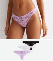 New Look 3 Pack Lilac Heart White and Black Lace Thongs